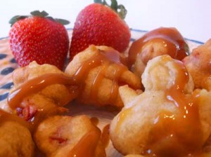 Whole strawberry fritters for Valentine's Day.