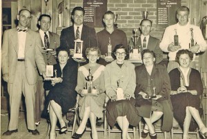 The 1955 Bellows Falls Golf Club tournament champs. Clockwise from rear left are Chick Cheever, Art Wissell, Mickey Tolaro, Henry Davis, Floyd Chaffe, Cash Wilson, Chris Breslend, Norma Buskey, Anna-Mae Kelly, Regis Massucco and Claire Cheever. Photo courtesy the Bellows Falls Country Club.