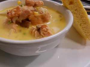 A steaming bowl of Yanked salmon chowder.