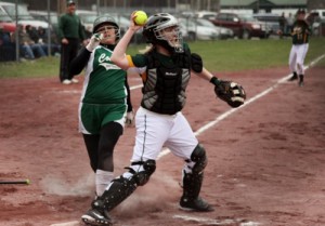 Green Mountain catcher Kristina Knockenhauer makes a play at home plate during the April 23 game against Springfield./ Photo by Kate Garaffa.