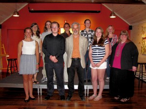 Clockwise from rear, left are: teacher Cathy Archer of Rutland High; young playwright Taylor Cockey; teacher Gayna Cross of Arlington High; young playwrights Aiyana Fortin and Alexandra Barton; Black River Middle teacher Anne Gardner; young playwright Jesse Keel; teaching artist John Hadden; and young playwrights Logan Wuerslin and Emme O'Rourke./ Photo provided