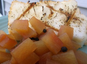 Charred angel food cake with pickled watermelon rind.