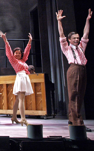 Leah Cunningham of Chester, left, and Devin Johnson of Manchester, in a scene from '42nd Street.'//Photo by Tim Fort. 