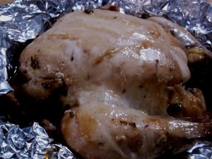 Beggars Chicken roasted in foil to keep the juiciness in. 