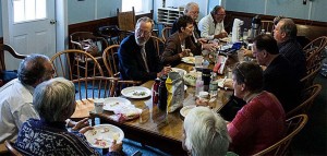 Chester residents gather around a table in the Windham Courthouse during a lunch break in the Dollar General case last week.
