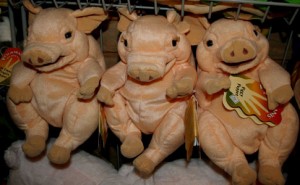 Puppets galore are available at the Hugging Bear Shoppe, including these three pigs.