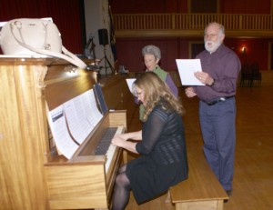 Pictured, left to right, Linda Thomson and George Thomson, with Kasia Karazim playing the piano, as they rehearse one of their numbers for the show, "Sunrise Sunset".