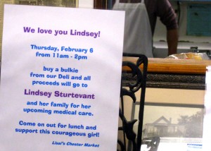 The sign at Lisai's explains what last Thursday's fund-raiser was dedicated to. All photos by Karen Zuppinger except for Lindsey's portrait.