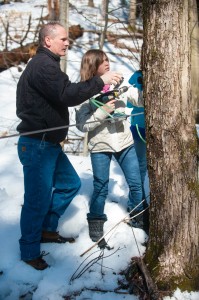 Science teacher Tom Fontaine helps a student with tapping a sugar maple on the Kurn Hattin farm.