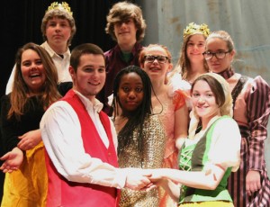 The cast of GMUHS's Cinderella are from back row left,  Thomas Foster as the king, Ben Haseltine as Lionel,  Marjorie DesLauriers as the queen.  Middle from left are: Emily Tornquist as stepsister Grace; Cheyenne Prescott as Fairy Godmother, Madison Thomas as stepsister Joy and Hanley Murray as the stepmother.  In the front row are A.J.Paczkowski as the prince and Rosalie McNamara as Cinderella. Photo provided. Click photo to enlarge.