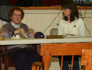 Gertrude Bennett, left, is commended by Chester Town School District chair Alison DesLauriers for 50 years of service during Chester Town Meeting.