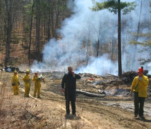 Chester Fire Chief Wilson, center, directs firefighters during Sunday's 2-acre brush fire.