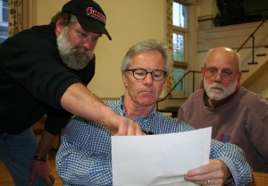 From left, Roy Spaulding points out his property to zoning administrator Michael Normyle as Select Board member Arne Jonynas looks on. Photos by Cynthia Prairie.
