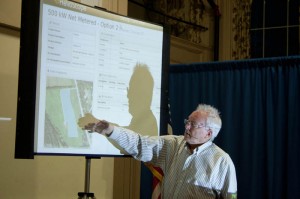 Town manager David Pisha presents a preliminary view of the proposed town solar farm. Click to enlarge.