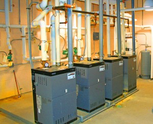 A set of four boilers work on a rotation basis to heat the water to heat the building.