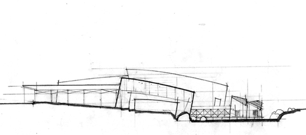 One of the sketches that architect Claudio Veliz submitted for a design competition in Japan. On the Cover is another rendering.
