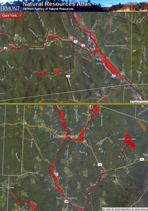 Top, Chester's flood plains compared to Londonderry, bottom, taken from the Vermont Agency of Natural Resources web site. http://anrmaps.vermont.gov/websites/anra/. Click to enlarge.