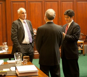 From left, Zaremba attorney Allan Beiderman, Smart Growth Chester attorney James Dumont and one of the justices' law clerk. Chester Telegraph photo.