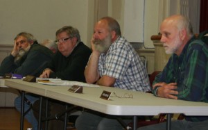 Select board members, from left, John DeBenedetti, Tom Bock, Derek Suursoo and Arne Jonynas listen to public comment and questions on the referendum. Chester Telegraph photo.