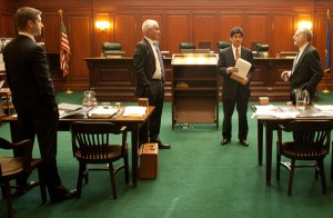 From left, for Zaremba, attorneys David Cooper and Allan Beiderman, a Supreme Court Justice law clerk, and for Smart Growth Chester attorney James Dumont. Chester Telegraph photo.