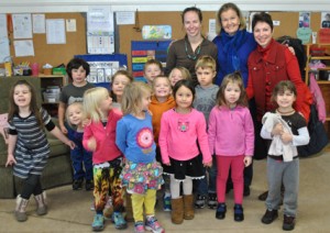 Back row from left, Ashley Hensel Browning, Diane Stugger and Lise Messier of the Opera Theatre of Weston with tots from the Little School