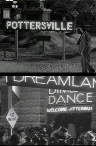 Scenes from 'It's a Wonderful Life' depicting the bright lights of Pottersville.