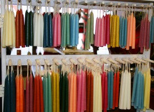 Many types of candles are available at a number of shops, including these tapers at the Bargain Corner and Kringle candles at Motel in the Meadow.