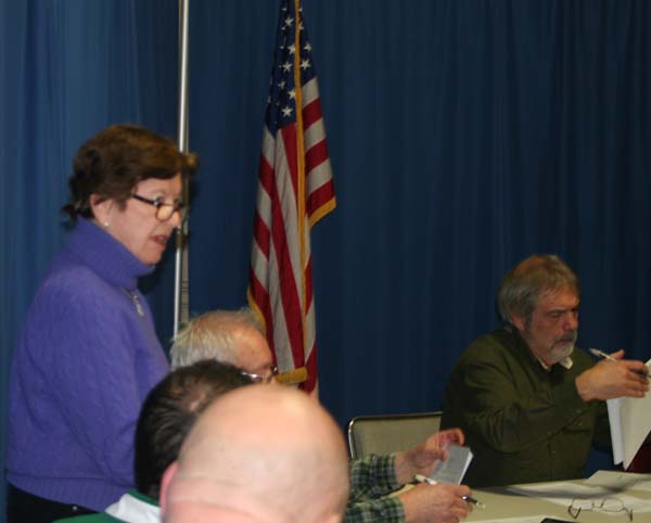 Tory Spater of the Chester Beautification Committee speaks about the work on the Hearse House. Photo by Shawn Cunningham.