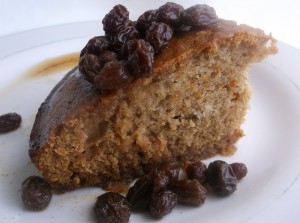 Moist and delicious rum raisin cake.