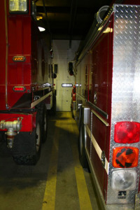 The two-bay, four-door garage will fit six emergency vehicles. When firefighters spend the night during certain emergencies, they set up cots between the vehicles.