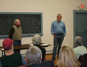 Londonderry Select Board member Robert Cowles, left, announces that he is not seeking re-election. Matt Mosher, right, is running for Cowles' three-year term. Photos by Shawn Cunningham.