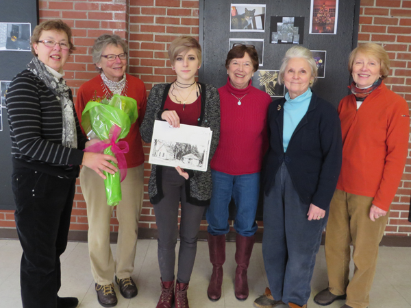 Members of the Hearse House subcommittee of the Chester Beautification Committee accept Lily Nader’s line drawing of the Hearse House and Public Tomb. From left, Mariette Bock, Nancy Chute, Lily Nader, Tory Spater Sommerville, Lillian Willis and Suzy Forlie.