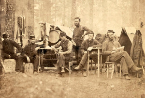 Six Union musicians of the 4th Vermont Infantry Regiment relaxing at camp in Virginia