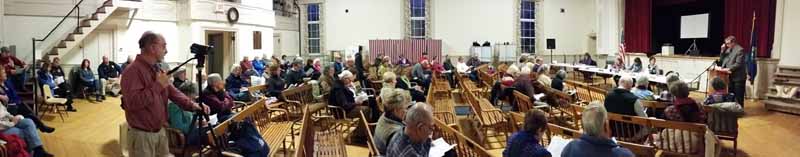 Panorama of Monday's Town Meeting in Chester. Photo by Claudio Veliz. Click photo to enlarge