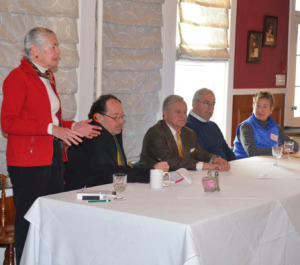 State Sen. Alice Nitka stands to address the audience during a recent legislative breakfast. She is with state Reps. Mark Huntley ..... Leigh Dakin.  Photo provided.