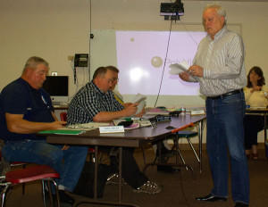 Chester Town Manager David Pisha speaks with GMUHS board members about the proposed water project that could be placed on adjacent property and include gravel extraction.