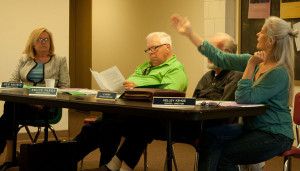 Board member Kelley Kehoe, far right, gestures as she make a point during last weeek's GMUHS Board of Directors meeting. All photos by Shawn Cunningham. Click to enlarge.
