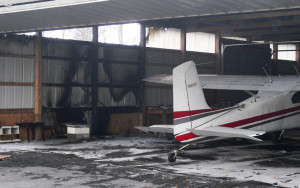The interior of the hangar shows the heat of the fire.