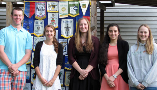 2015 Rotary Scholarship recipients Receiving four one-year scholarships from Chester Rotary are : Brian Hennel to attend Seton Hall University in South Orange, N.J.; Alecia Rokes to attend Lehigh University in West Bethlehem, Pa.; Jordan Stewart to attend St. Michael’s College in Colchester, Vt.; and Casie Walton to attend Nova Southeastern University in Fort Lauderdale, Fla. Vanessa Griswold, second from left, was selected by the Ladd Family to receive a four year scholarship of $1,000 for each year, to attend Vermont Technical College in Randolph, Vt.