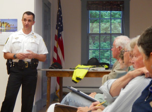 Windham Sheriff Keith Clark addresses the Londonderry Select Board. Photo by Mallory Hopkins.