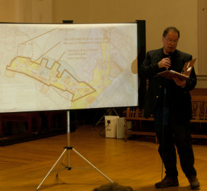 Architect Claudio Veliz explains a diagram outlining what the building styles within the center of Chester are.