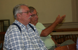 Ron Farrar (foreground) and Larry Semones bring their request for a coin drop to benefit veterans with PTSD back to the select board for a third meeting