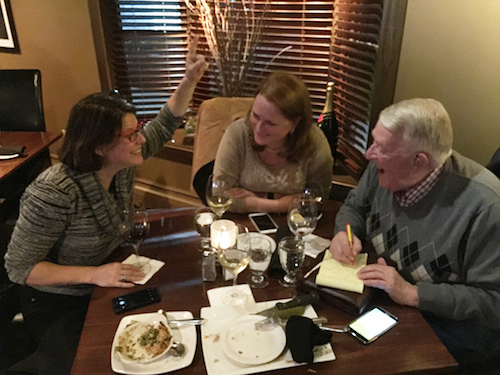 From left, Tesha Buss, Kasia Karazim and FOLA chairman Ralph Pace, as they discuss the follies at a dinner meeting in Ludlow.