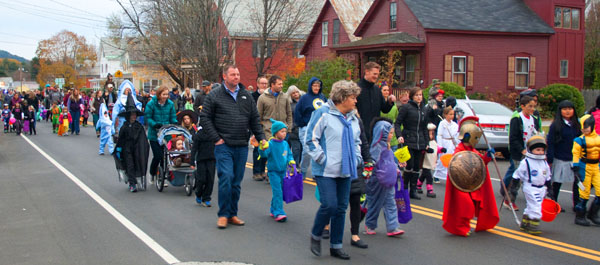 The parade of costumed elementary school age kids is lead by the Chester Fire Department. Photos by Shawn Cunningham.