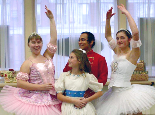 Eva Svec of Chester as Clara, Caleb Johnson of Springfield as the Nutcracker, Nicole Murray of Bellows Falls as the Sugar Plum Fairy, and Rachael Drinker of Springfield as the Snow Queen