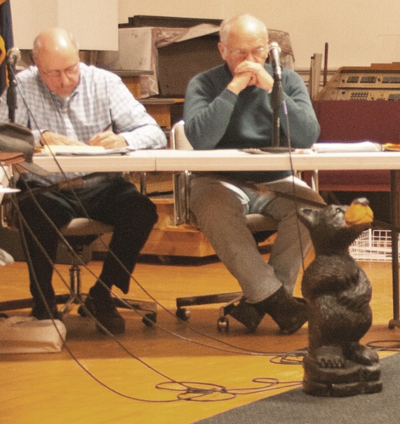 Planning Commission members Tom Hildreth, left, and Harry Goodell looking over a bear created in Barre Pinske's shop.