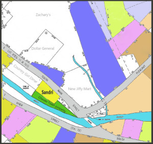 Sandri, in yellow, town property adjacent, in green.