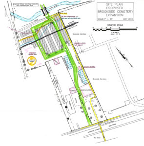 In Deb Daniels' cemetery design, the green line represents vehicle traffic, the yellow line pedestrian traffic and the black line the recommended limit of burial plots until further study is done
