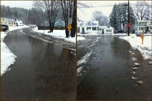In these photos shot by Jake Arace in 2013, melting snow and rain flood Mountain View Road. On the left is the view from Route 103. The Araces live on the left, the Waldren-Munukkas down the road on the right. The right side photo was taken looking at Route 103, which begins at the stop sign.