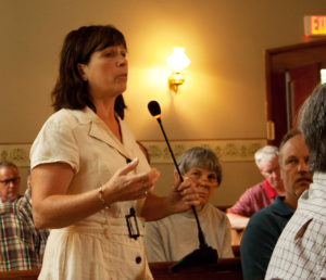 Town Clerk and Grafton resident Kim Record poses a question.